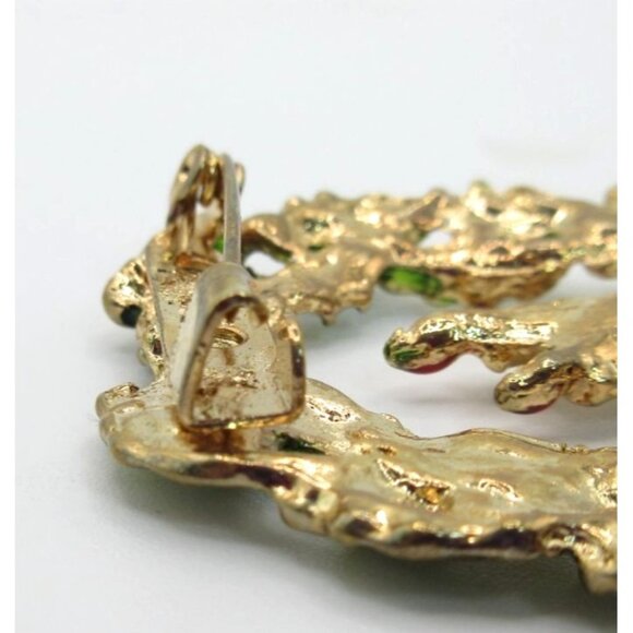 Vintage Gold Tone Enamel Christmas Wreath Candles Brooch Pin Holiday Green - Picture 6 of 7